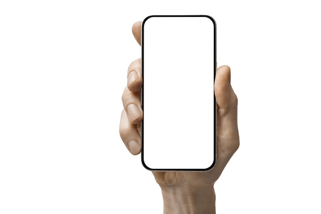 A phone in a hand on a white background