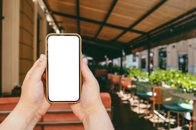 Phone in hand with a screen on the background of the city