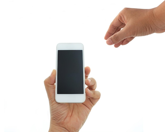 Phone in hand to work on a smartphone with a blank screen