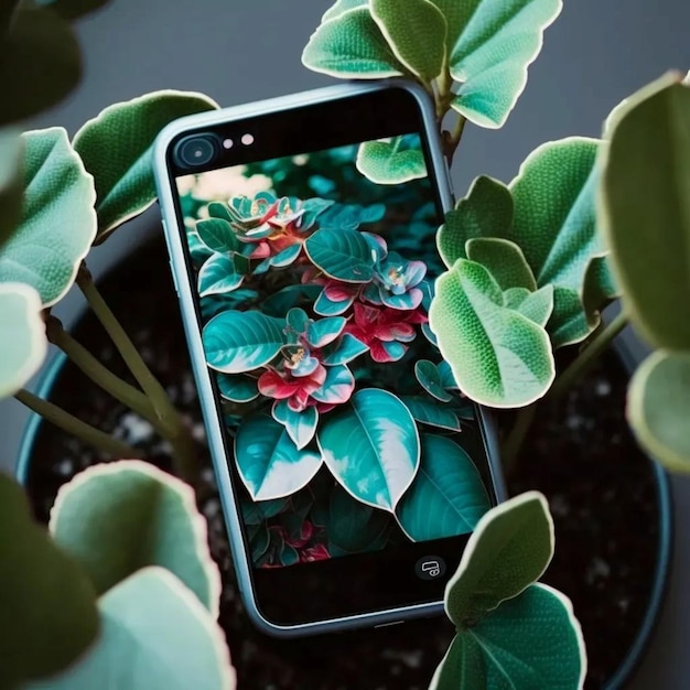 A phone is laying in a pot with a plant on it that says " lg ".