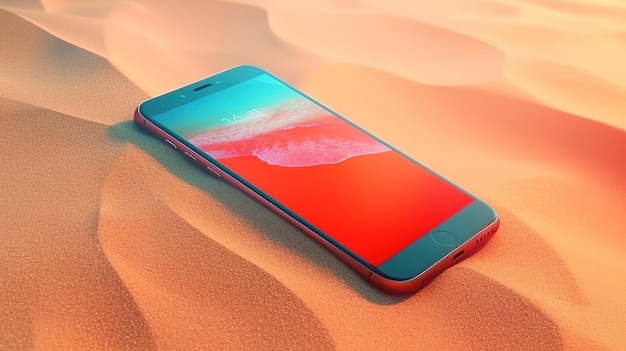 Phone lying on the beach sand Background Bright color Generative Ai