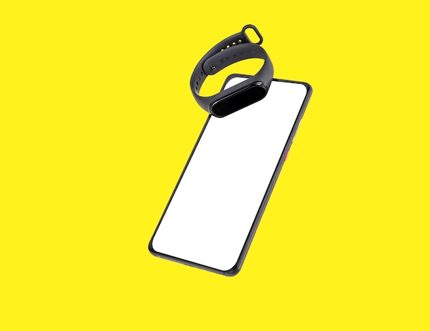 Phone mockup and fitness tracker on yellow background Ad of app for connecting watches to smartphone Devices for daily activity and health data monitoring