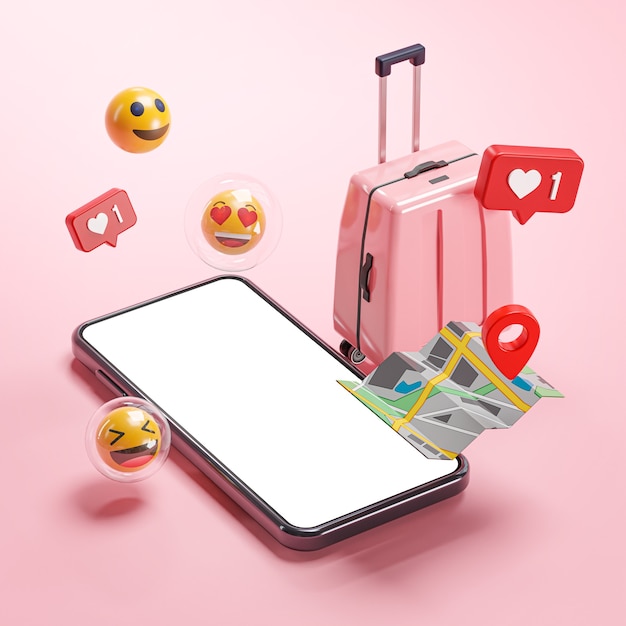 Phone Mockup Pink Suitcase Map Emoji Online Travel Holiday Concept 3D Rendering