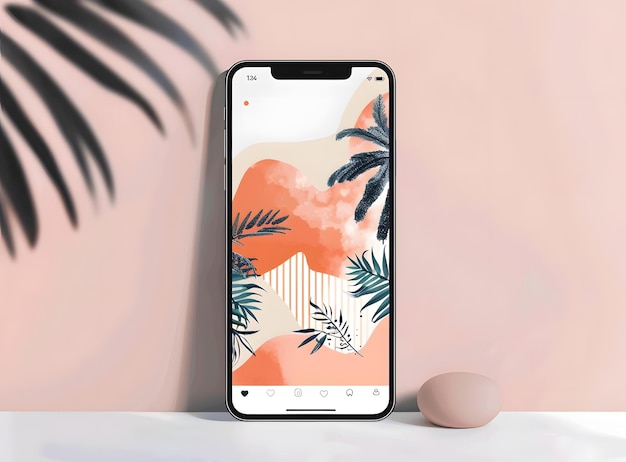 Phone Mockup with Tropical Illustration on Screen