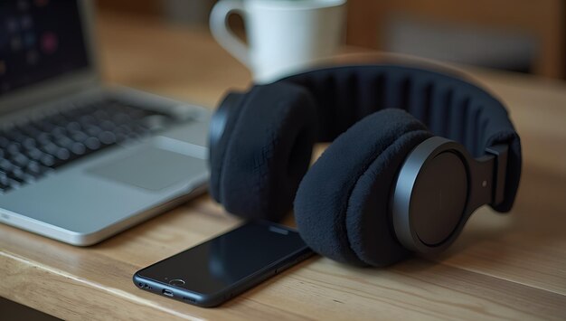 Photo a phone and a phone sit next to a laptop