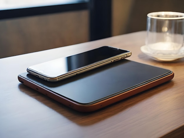 a phone and a phone on a table with a glass of water