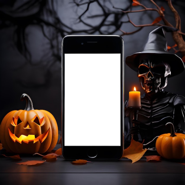 Photo a phone next to a pumpkin and a pumpkin with a skeleton head on it