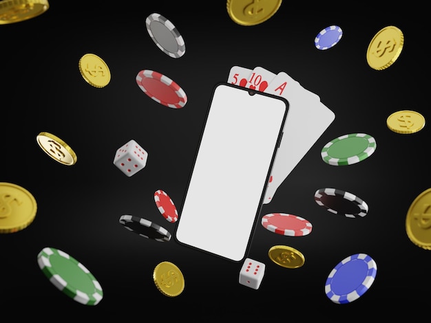 The phone screen has space to play online casino gambling coins, 3d rendering.