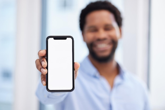 Phone screen mockup and man hand for business mobile app ui ux design or product placement space Website social media person and online african professional show smartphone or cellphone mock up