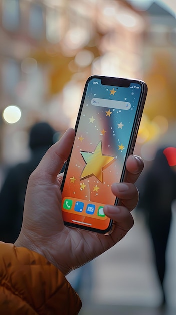 Photo phone showing big star with colorful background outdoors