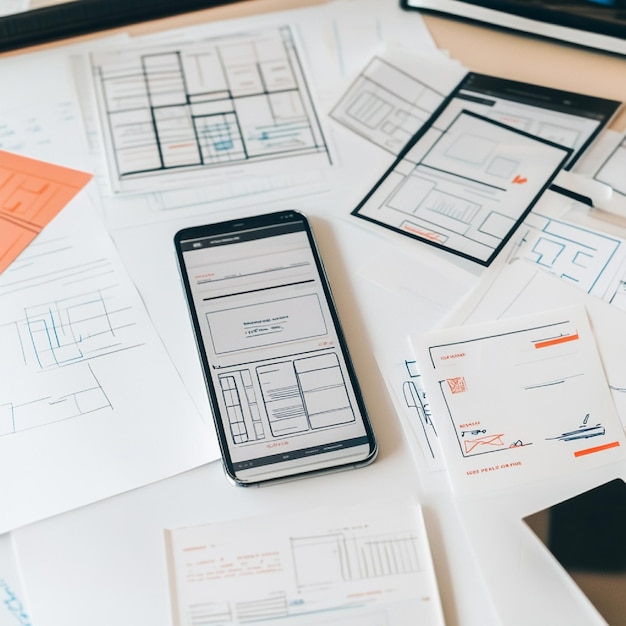 a phone sits on a table with papers and papers on it