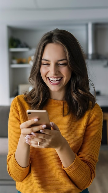 Phone smile and face of woman in home for social media funny story and online gossip in living ro