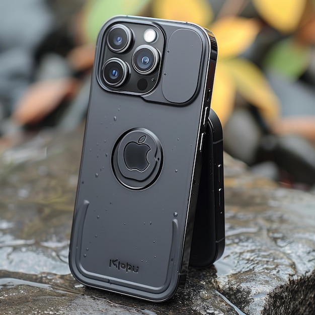 a phone that is on a rock with a camera on it