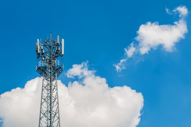 Phone tower antenna with blue sky and cloud background