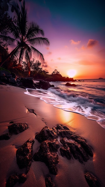 Phone wallpaper sunset over a tropical beach Generative AI