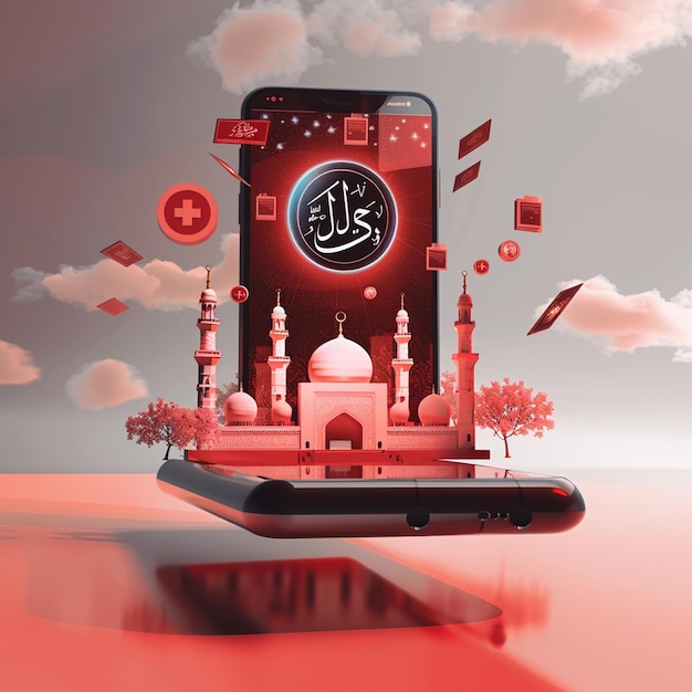 Photo a phone with arabic calligraphy on the screen with a red circle with arabic writing on it