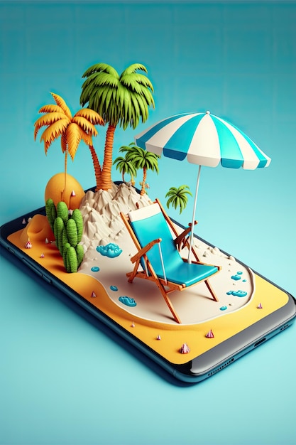 A phone with a beach scene and a blue chair on it.