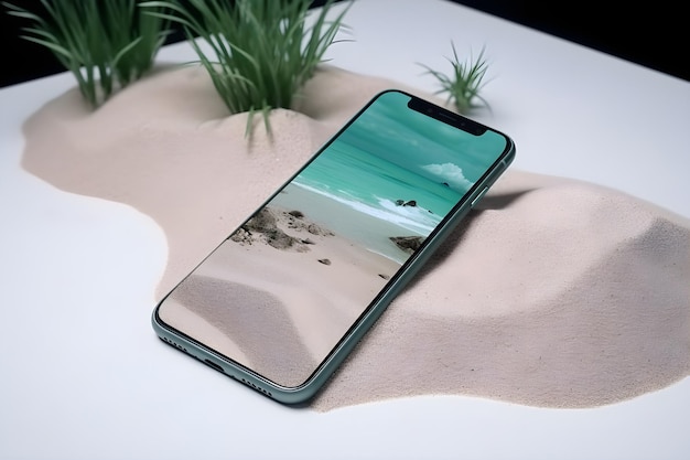 A phone with a beach scene on the screen