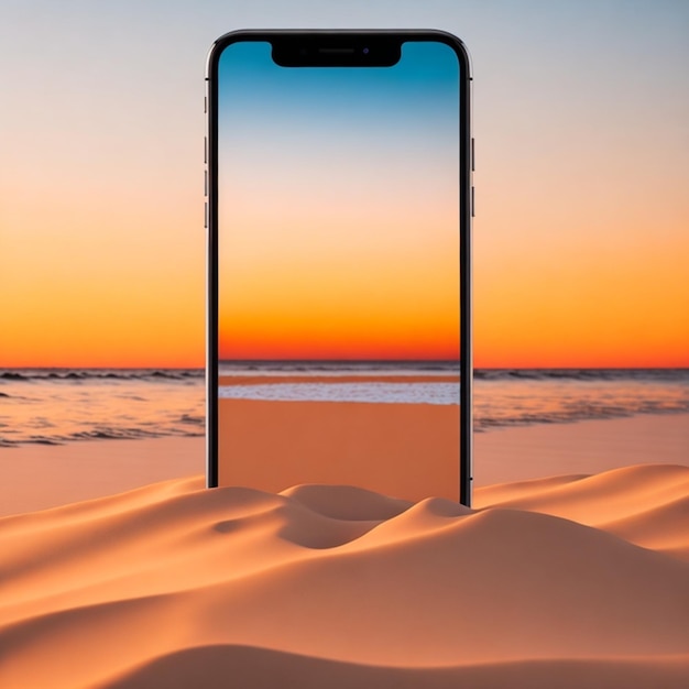 A phone with a blue and orange sky in the background