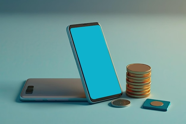 A phone with a blue screen sits on top of a stack of coins.