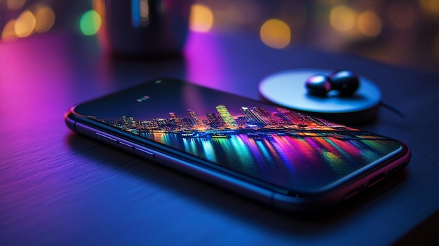 Photo a phone with the city lights on it and a phone on the table