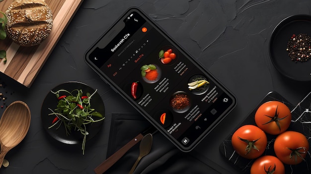 a phone with a display of food on it and a bowl of vegetables on the table