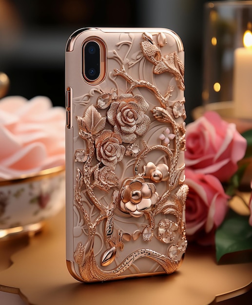 a phone with a floral design on the back of it