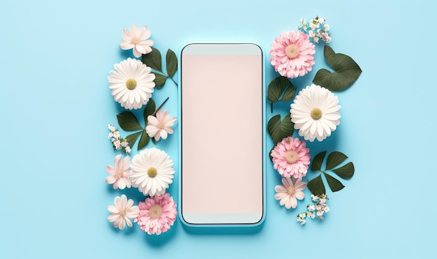 A phone with flowers on it on a blue background