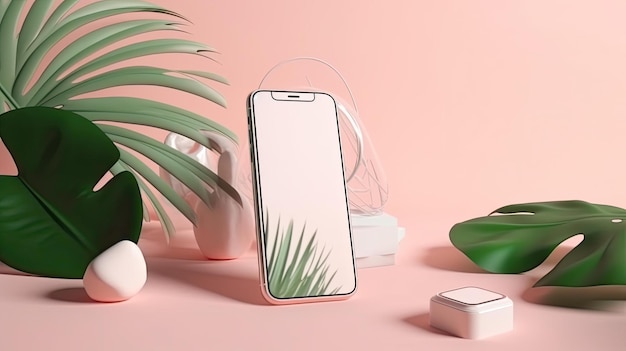 A phone with a green plant on it and a pink background with a green plant and a white plant.