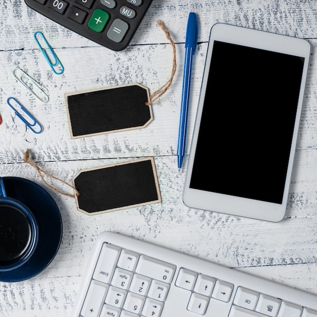 Phone With Important Message On Desk With Wood Tables And Clipboard Cellphone Screen With Crutial Announcement Calculator keyboard cup of coffee and pens