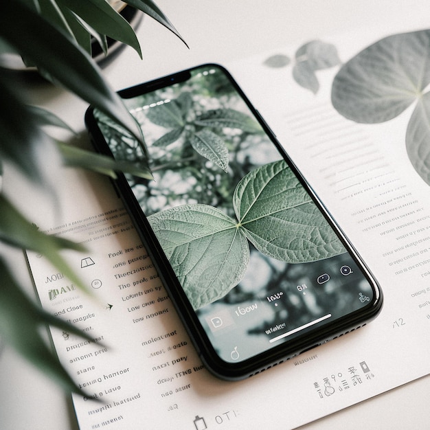 A phone with a leaf on it is on a table