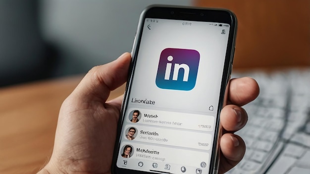 Phone with Linkedin icon with solid colored background social media mockup template