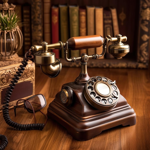 A phone with a pair of sunglasses on it is on a wooden table.