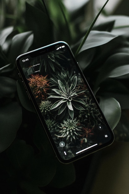 A phone with a picture of a plant on it