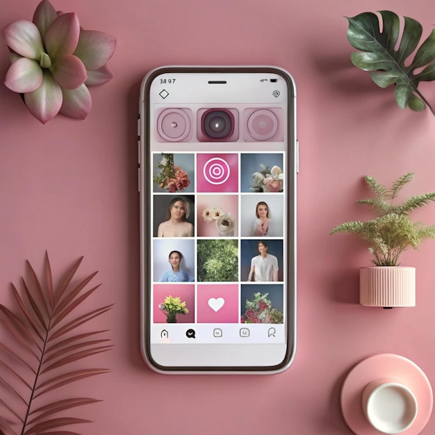 Photo a phone with pictures of people on it with a pink background