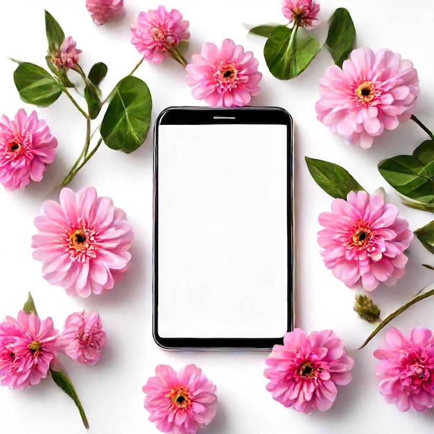 Photo a phone with pink flowers and a white screen with a white frame