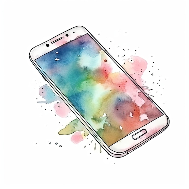 Photo phone with a rainbow colored screen and a watercolor background