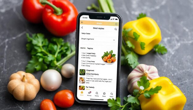 a phone with a recipe on it and a bunch of vegetables on it