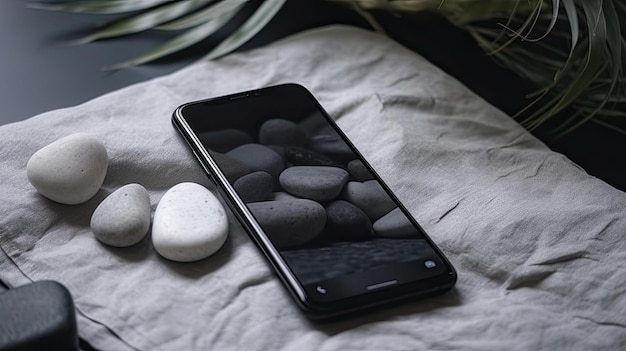 A phone with stones on it and a few rocks on the screen.