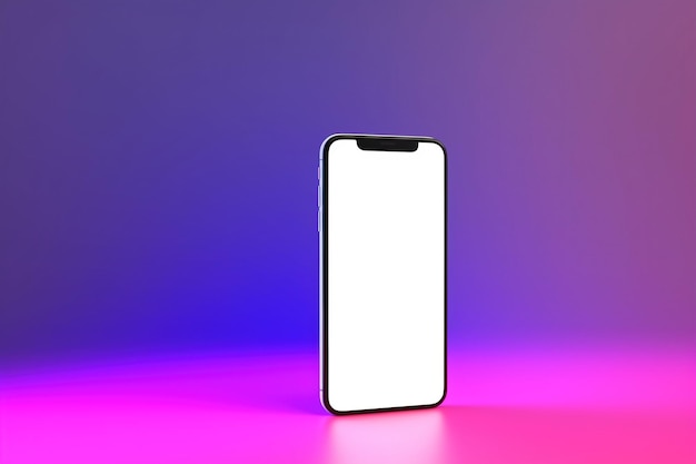 A phone with a white screen is on a purple and blue background.