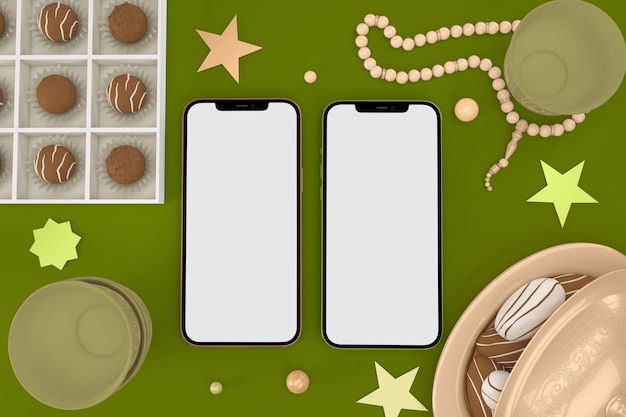 Phones and Chocolate Box Front Side In Eid Themed Background