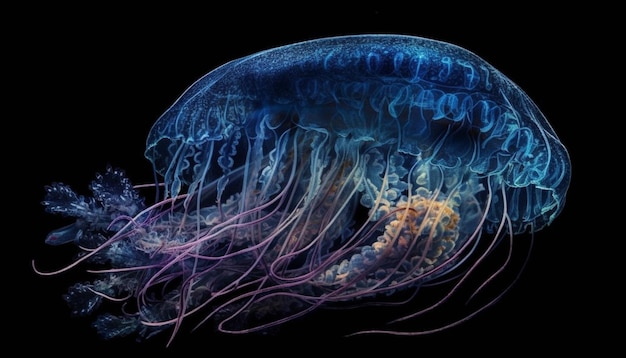 Phosphorescent jellyfish levitates in glowing underwater beauty generated by AI