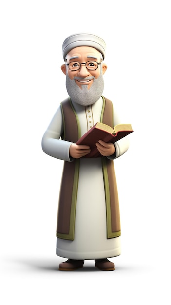 photo of 3d character muslim scholar with white background