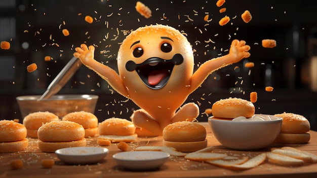 A photo of a 3D character sprinkling sesame seeds