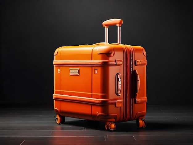 photo 3d Orangered travel suitcase on dark background