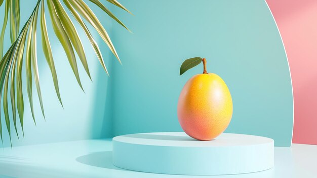 Photo a photo of a 3d podium with a mango isolated on a light blue background