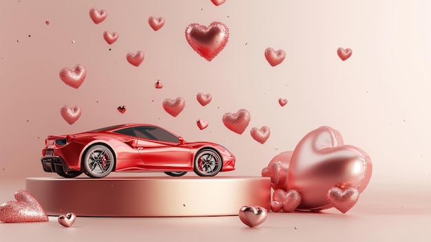 Photo a photo of a 3d podium with a red sports car and floating hearts isolated on a light rose gold