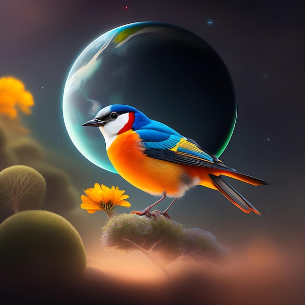 Photo 3d render of a colorful bird on a background of moon