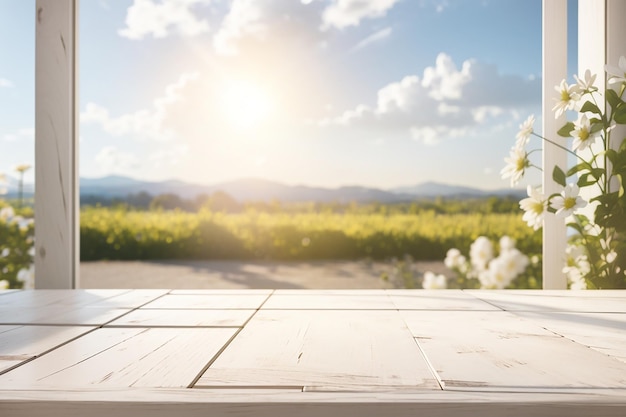 photo 3d render of a white wooden table looking out to a defocussed sunny