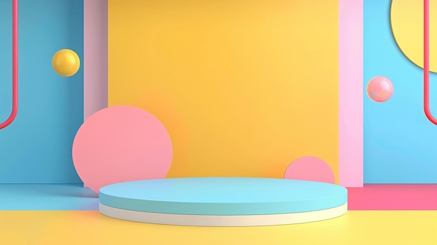 photo of 3D rendering of a pink and blue podium with pink and blue shapes in the platform background